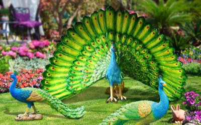 花園擺放的玻璃鋼彩繪仿真動物孔雀雕塑