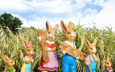 商場幼兒園擺件一群玻璃鋼彩繪兔子雕塑