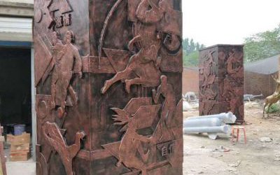 體育主題校園廣場玻璃鋼仿銅浮雕運動競技柱子雕塑