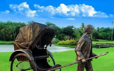 城市花園擺放晚清朝黃包車夫玻璃鋼仿銅雕塑